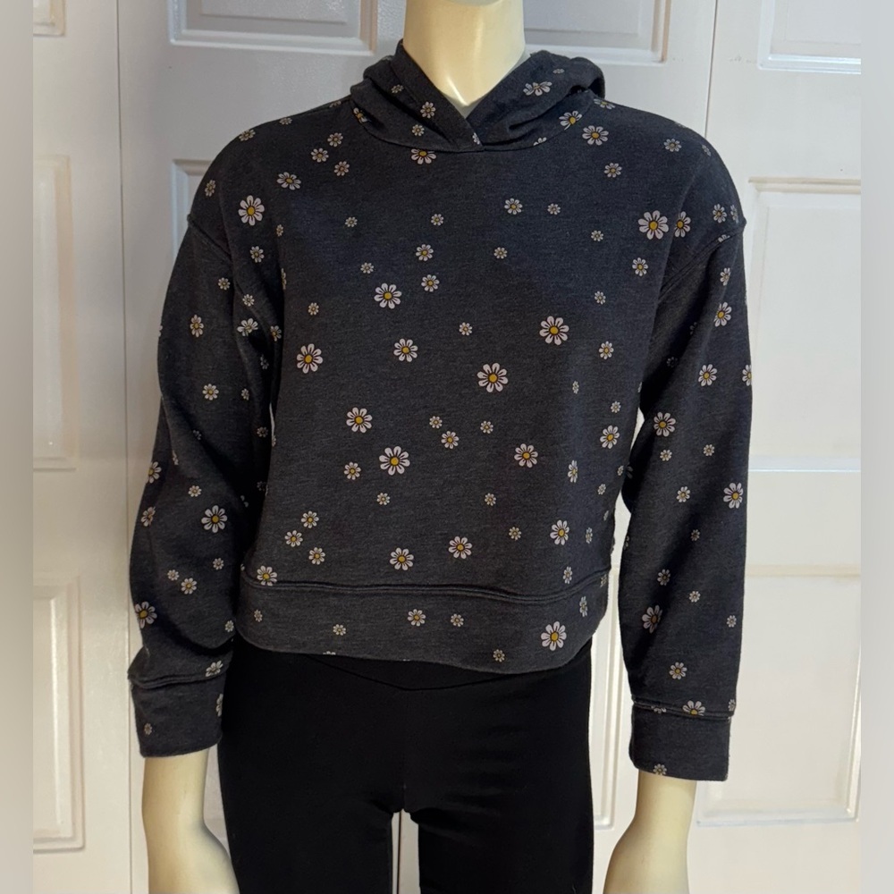 Old Navy Cropped Hoodie - Girls Large 10-12 - Daisy Print Fleece Sweatshirt EUC